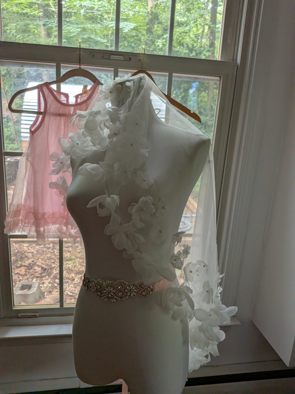 Creamy White Floral Applique Bridal Veil with Pearl Accents